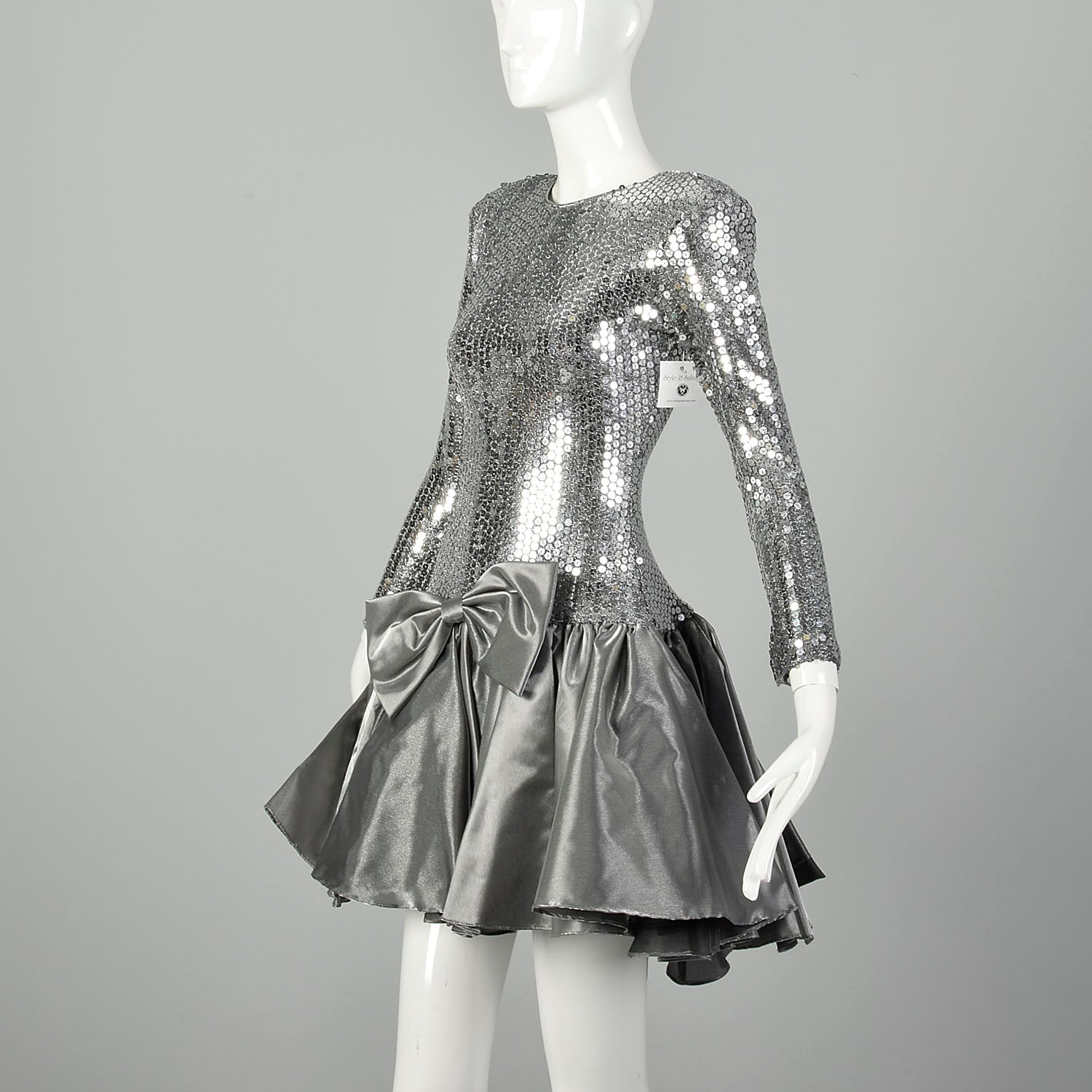 XS 1980s Silver Sequin Party Dress Bow Drop Waist Long Sleeve