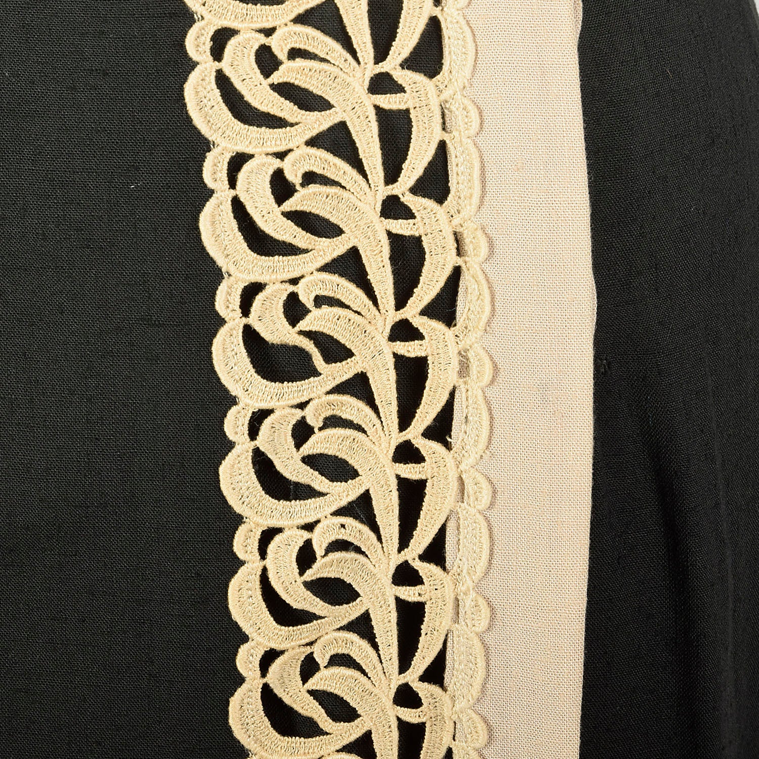 Large 1950s Wrap Dress Asymmetric Cape Collar Black Cream Applique