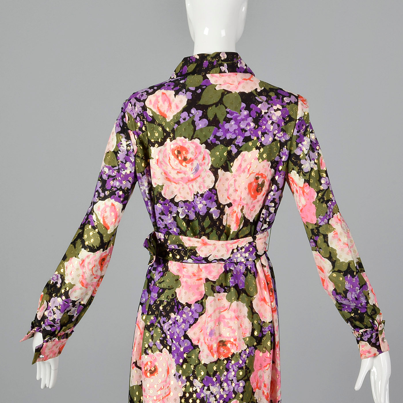 1970s Floral Maxi Dress with Metallic Polka Dots
