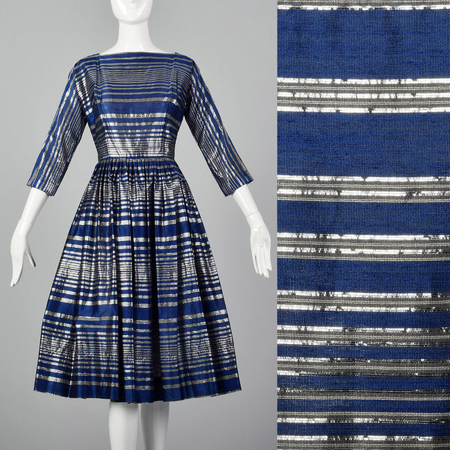 Small 1950s Semi Sheer Metallic Striped Dress