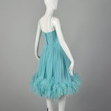 Medium 1950s Aqua Silk Dress Sleeveless Rockabilly Feather Hem