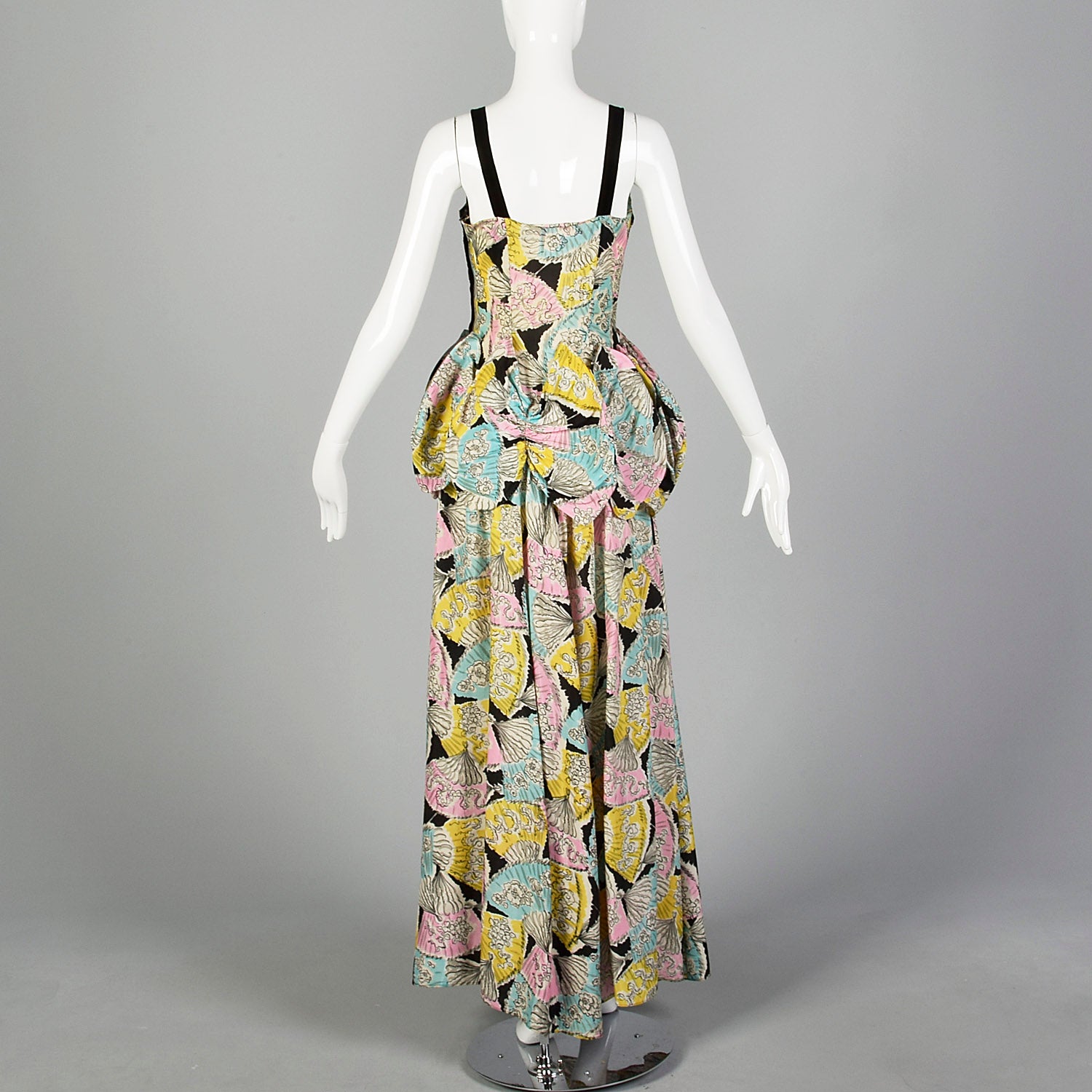 1940s Novelty Print Taffeta Evening Dress with Pastel Fans