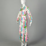 Large 1970s Colorful Maxi Dress White Floral Bright Belt Long Sleeve