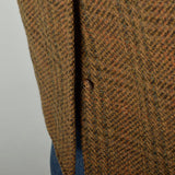 XL 1970s Jacket Brown Plaid Herringbone Wool Tweed Winter Car Coat