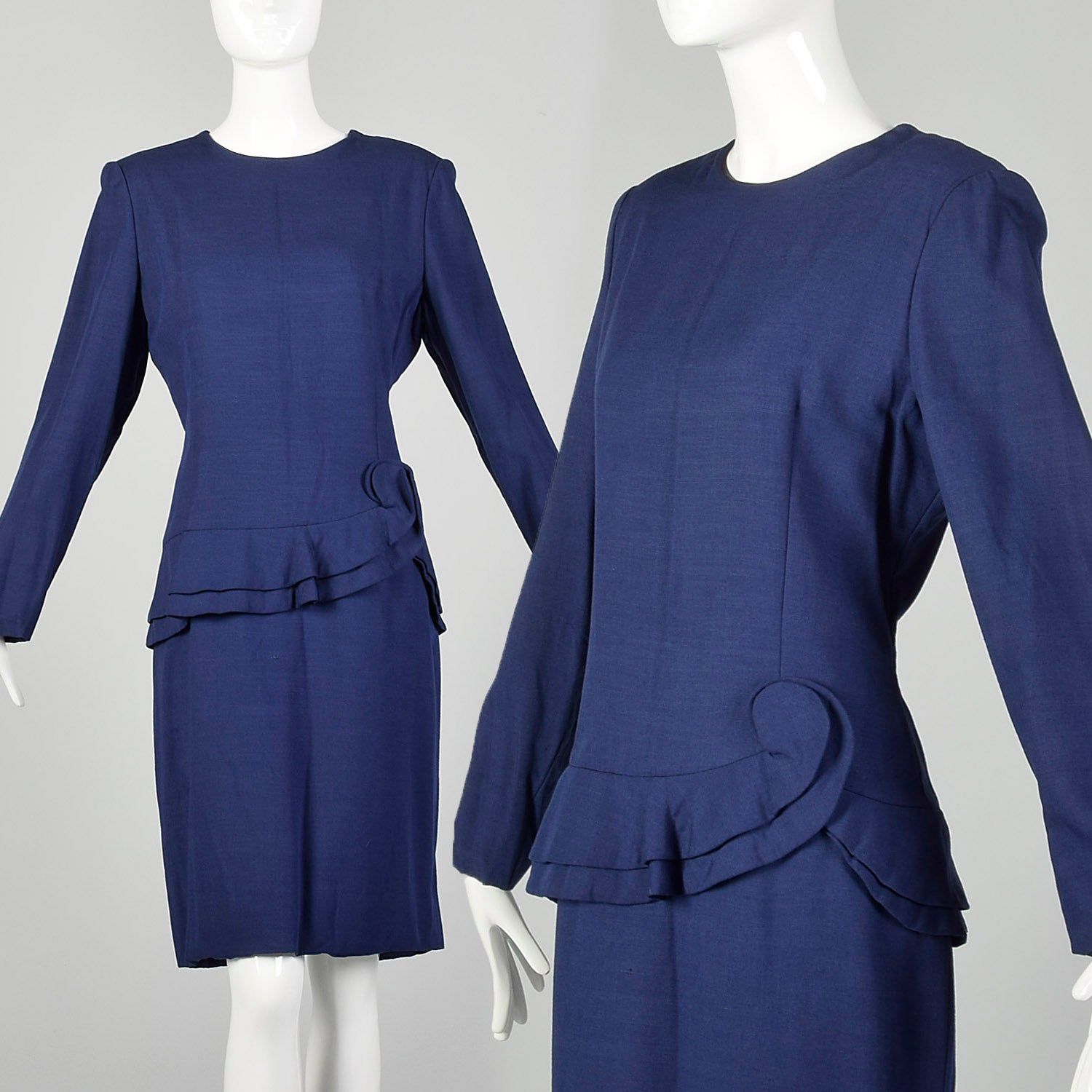 Large 1980s Carolina Herrera Blue Peplum Dress Long Sleeve