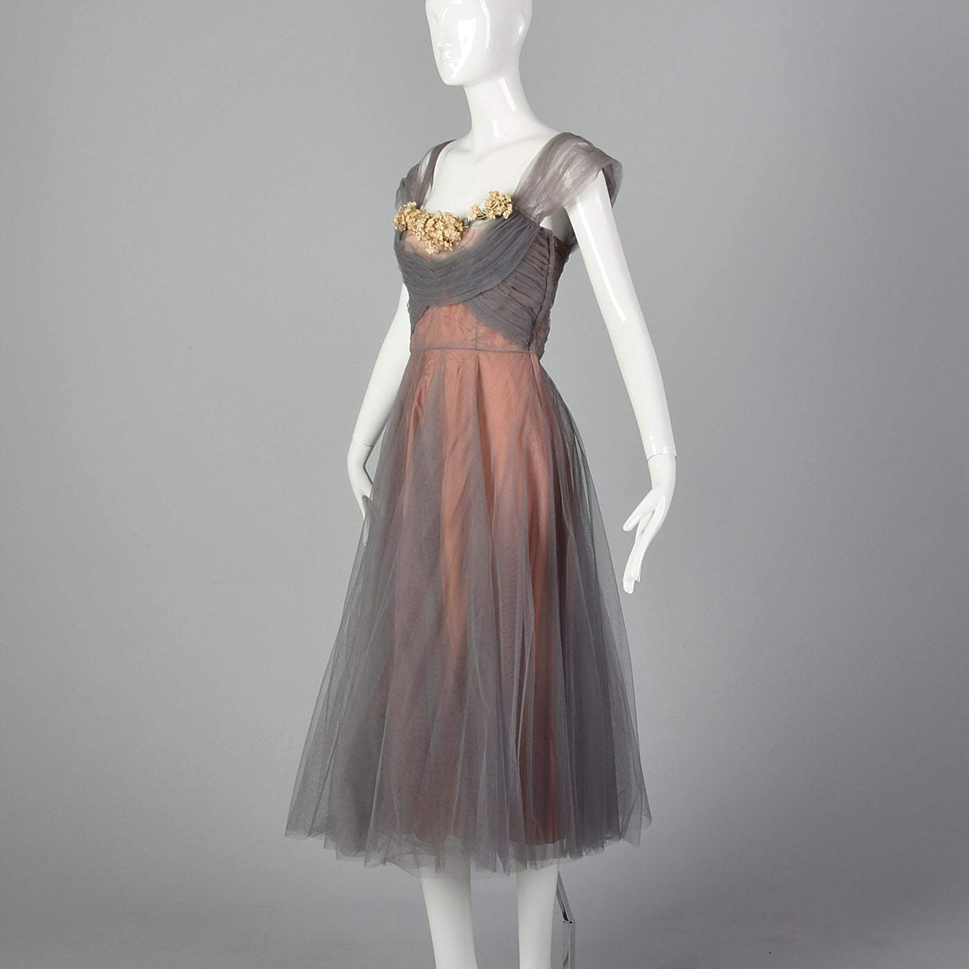 1950s Gray and Pink Mesh Dress with Faux Flower Bust