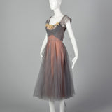 1950s Gray and Pink Mesh Dress with Faux Flower Bust