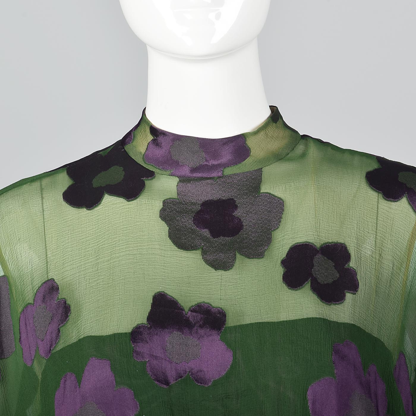 1970s Alfred Bosand Green Silk & Plum Purple Evening Gown