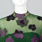 1970s Alfred Bosand Green Silk & Plum Purple Evening Gown