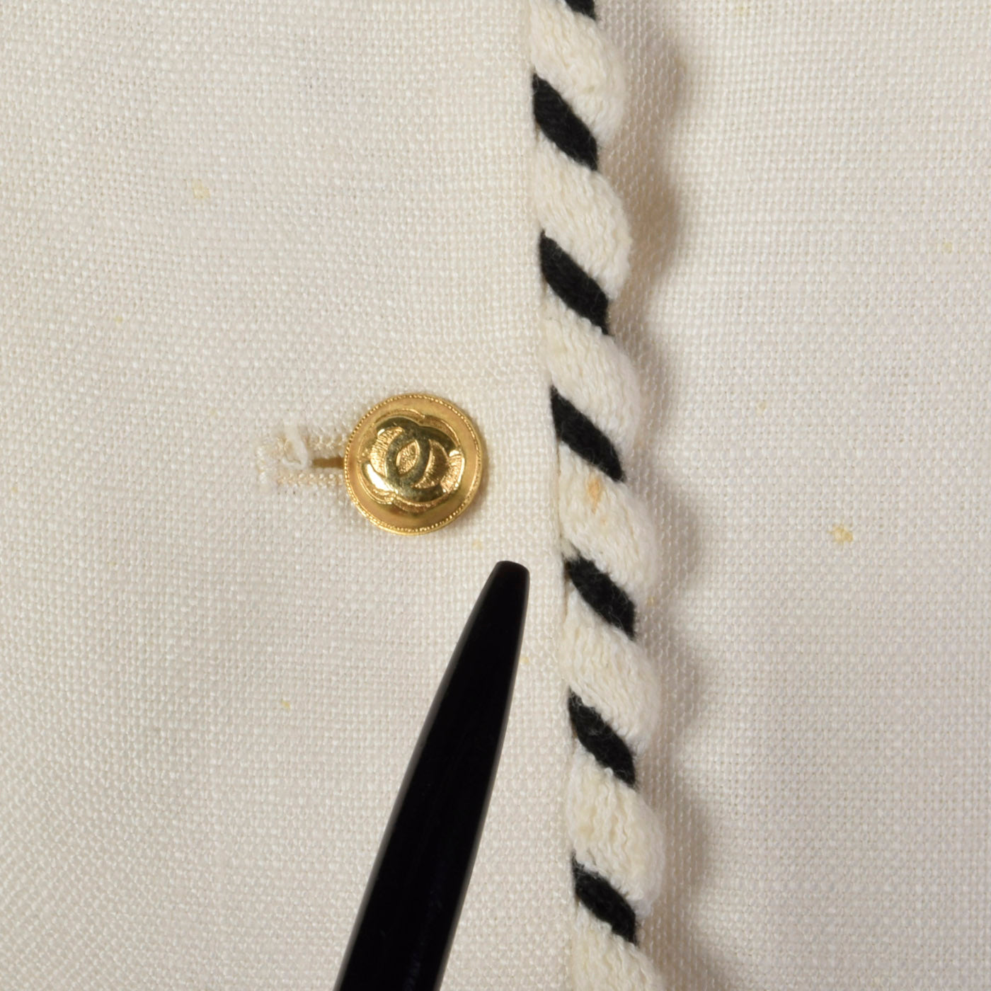 Chanel White Linen Jacket with Gold Logo Buttons and Black & White Trim