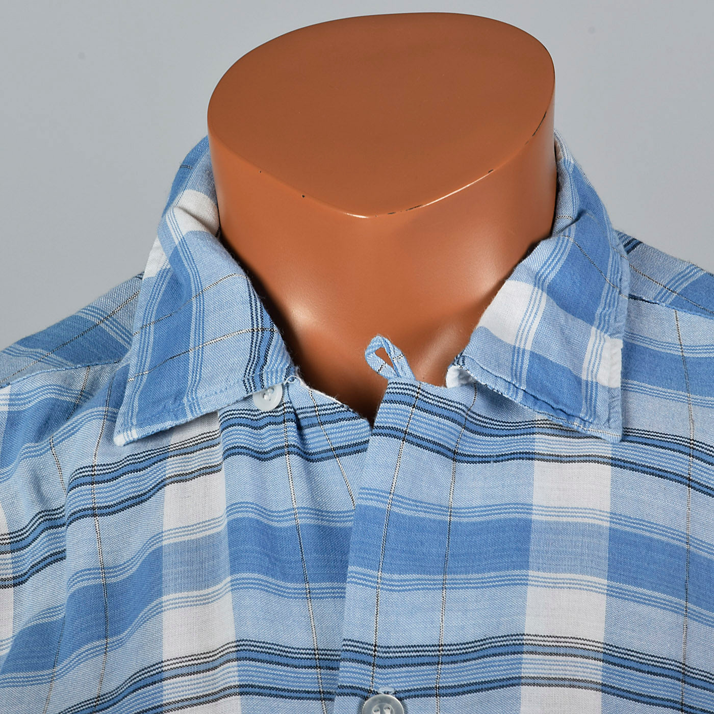 1950s Blue Plaid Rayon Shirt with Loop Collar