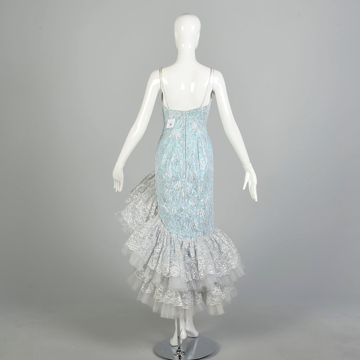 Small 1980s Blue Silver Sleeveless Layered Lace Asymmetric Calypso Mermaid Prom Dress