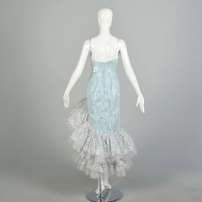 Small 1980s Blue Silver Sleeveless Layered Lace Asymmetric Calypso Mermaid Prom Dress