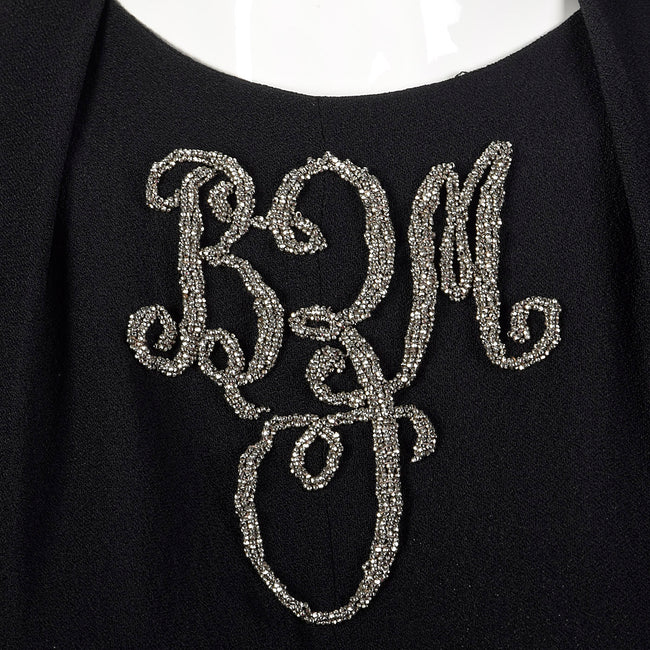 1940s Black Rayon Dress with Silver Beaded Monogram