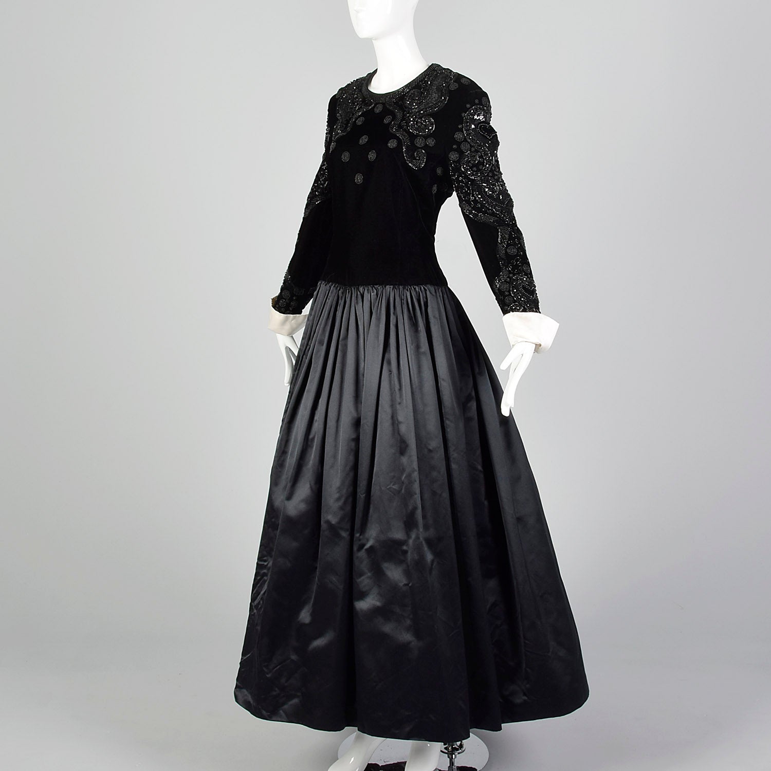 Large Escada Couture 1980s Black Beaded Velvet Gown