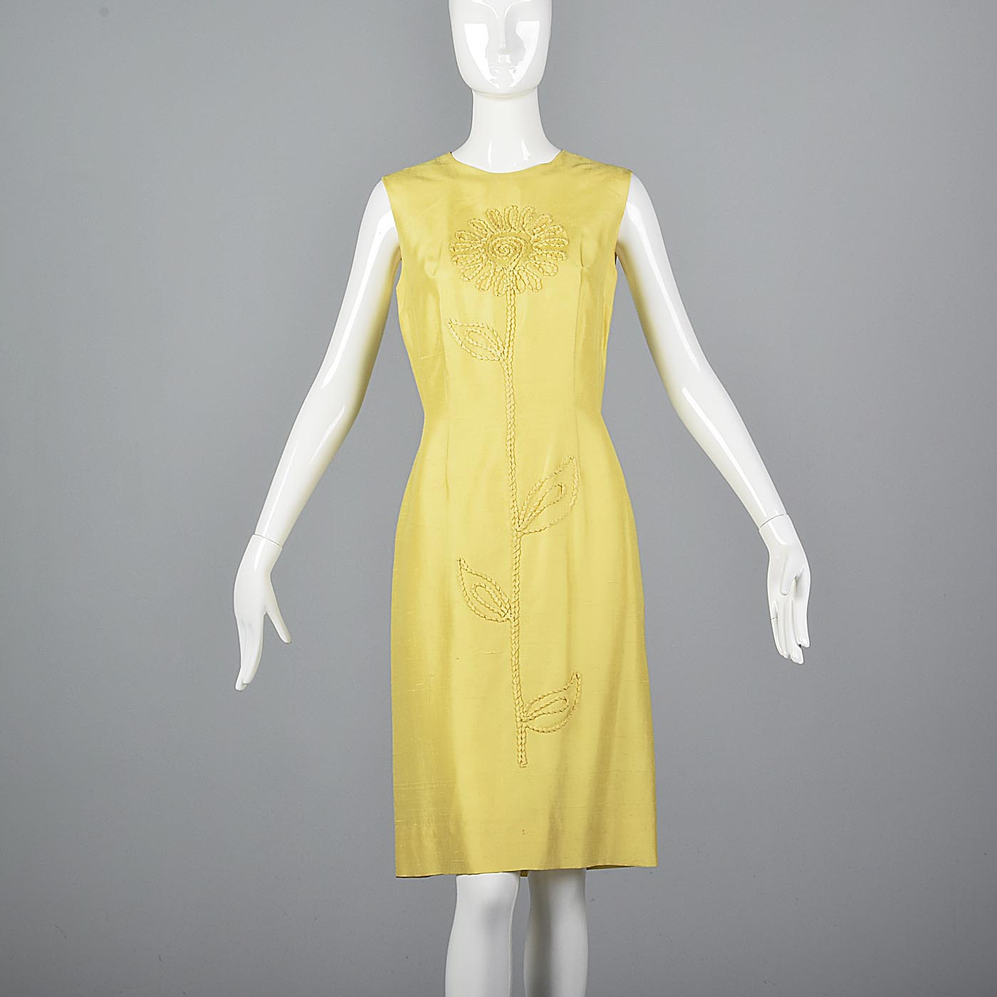 1960s Yellow Silk Shift Dress with Flower Applique