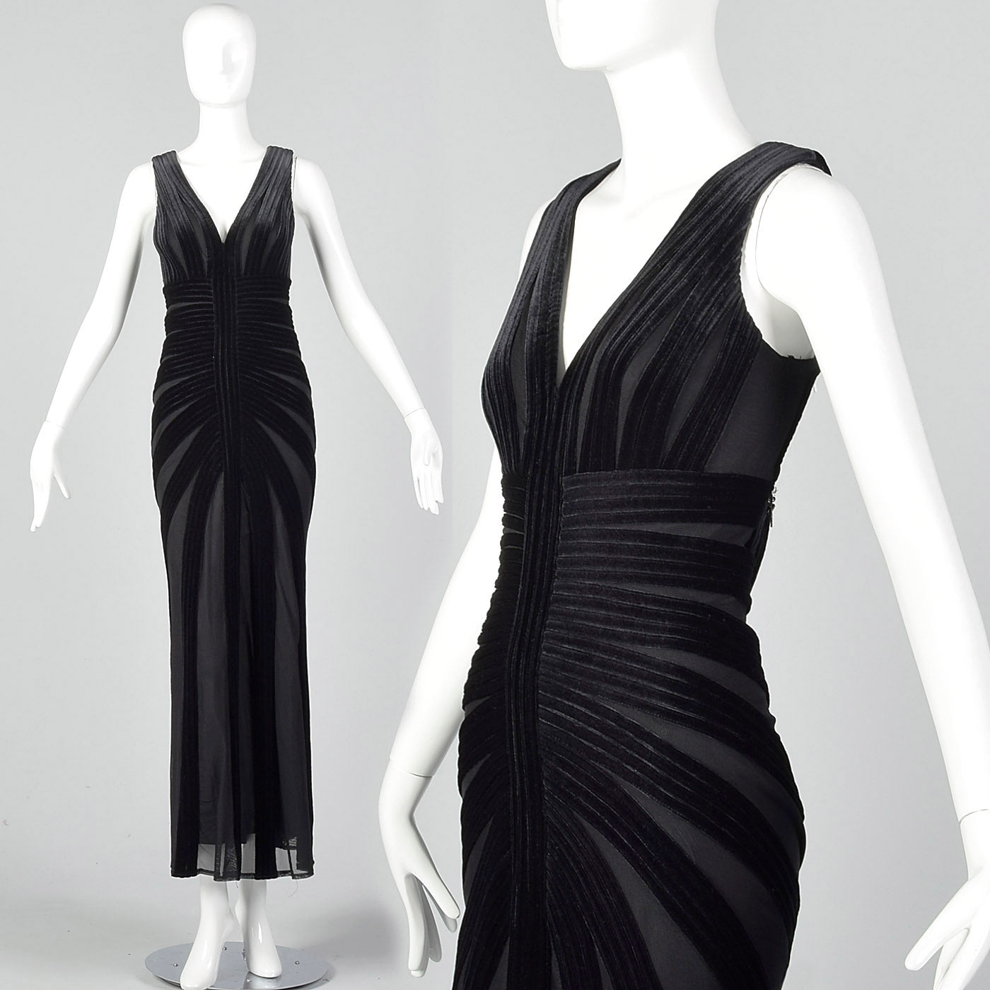 1990s Black Velvet Mesh Dress