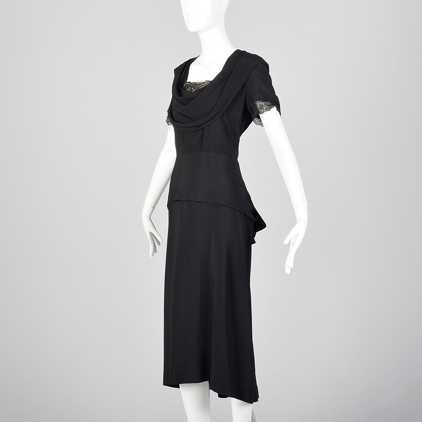1940s Black Peplum Dress with Lace Collar and Cuffs