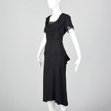 1940s Black Peplum Dress with Lace Collar and Cuffs
