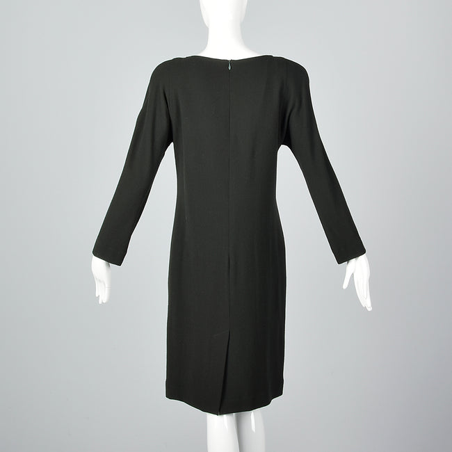 1980s Jean Muir Dark Green Wool Shift Dress with Long Sleeves