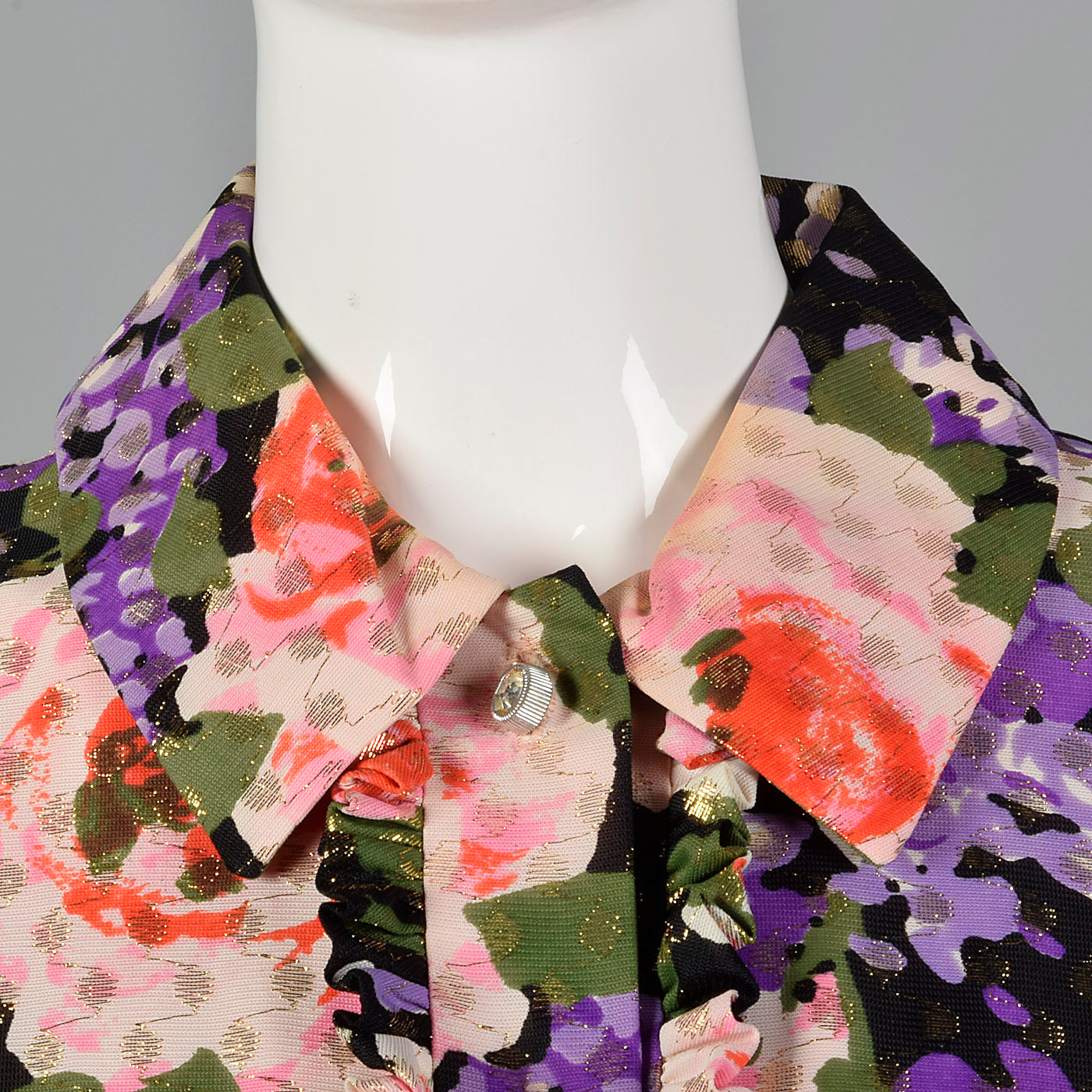 1970s Floral Maxi Dress with Metallic Polka Dots