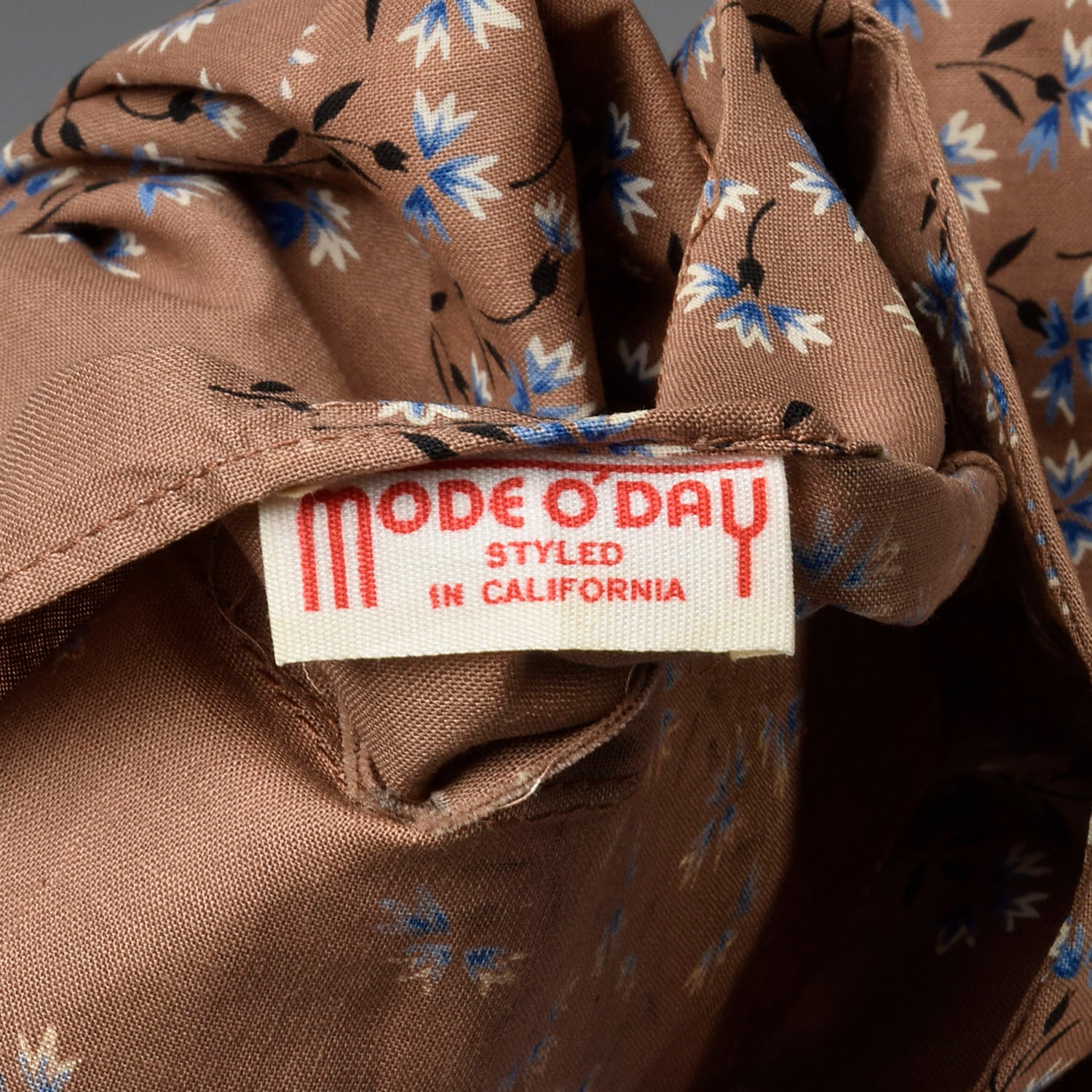 XL 1950s Brown Cotton Day Dress Blue Floral Print Short Sleeves