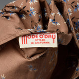 XL 1950s Brown Cotton Day Dress Blue Floral Print Short Sleeves