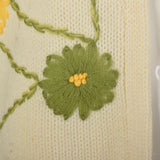 Small 1960s Embroidered Cardigan Sweater Colorful Flowers On Off-White Knit