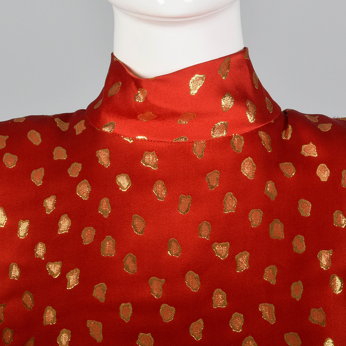 1980s Guy Laroche Red Silk Pencil Dress with Metallic Gold Design