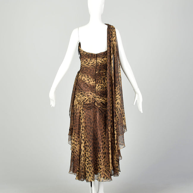 Small 1990s Tadashi Animal Print Dress Brown One Shoulder Asymmetric Hem