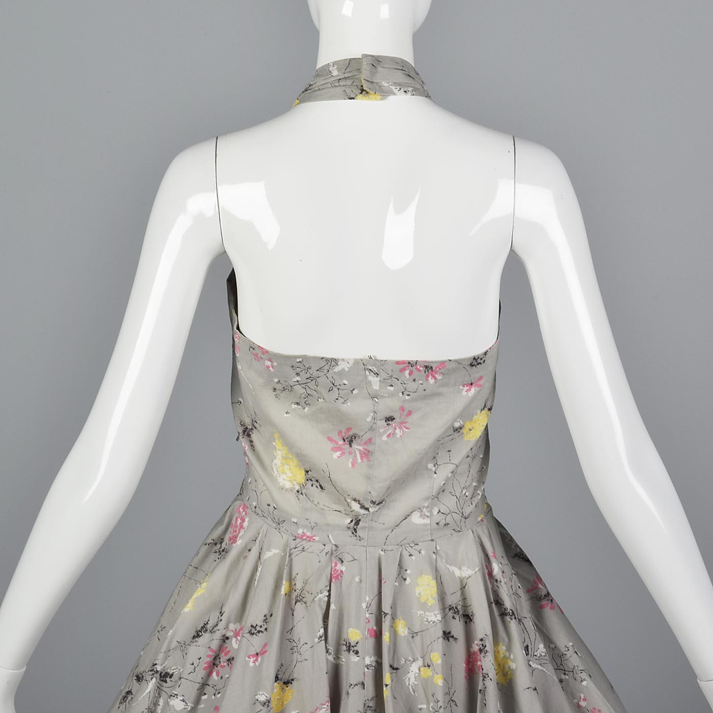 1950s Gray Floral Print Halter Dress with Full Circle Skirt