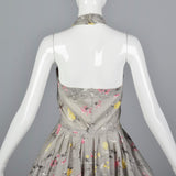1950s Gray Floral Print Halter Dress with Full Circle Skirt