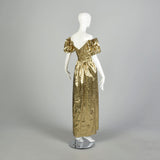 XS 1980s Mike Benet Gold Prom Dress Lamé Evening Gown Metallic Formal