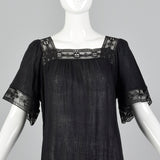 1970s Black Gauze Dress with Lace Trim