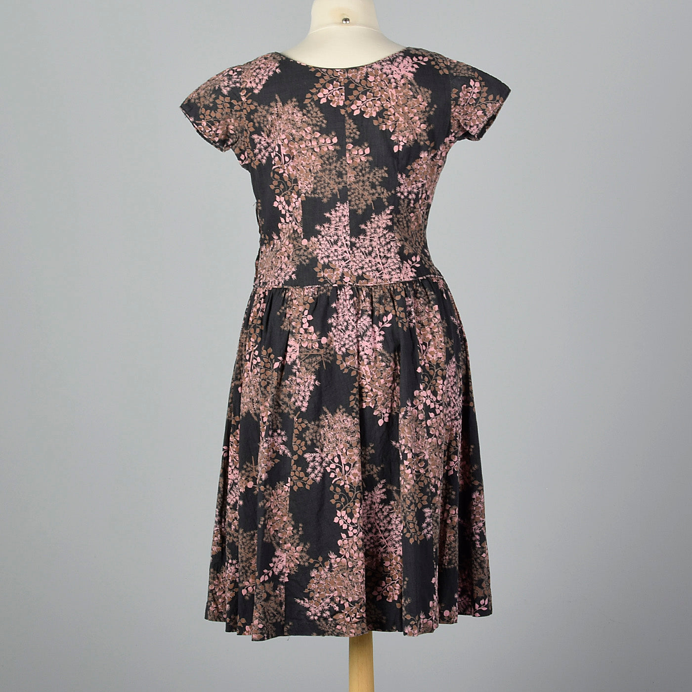 1950s Black and Pink Floral Dress with Drop Waist
