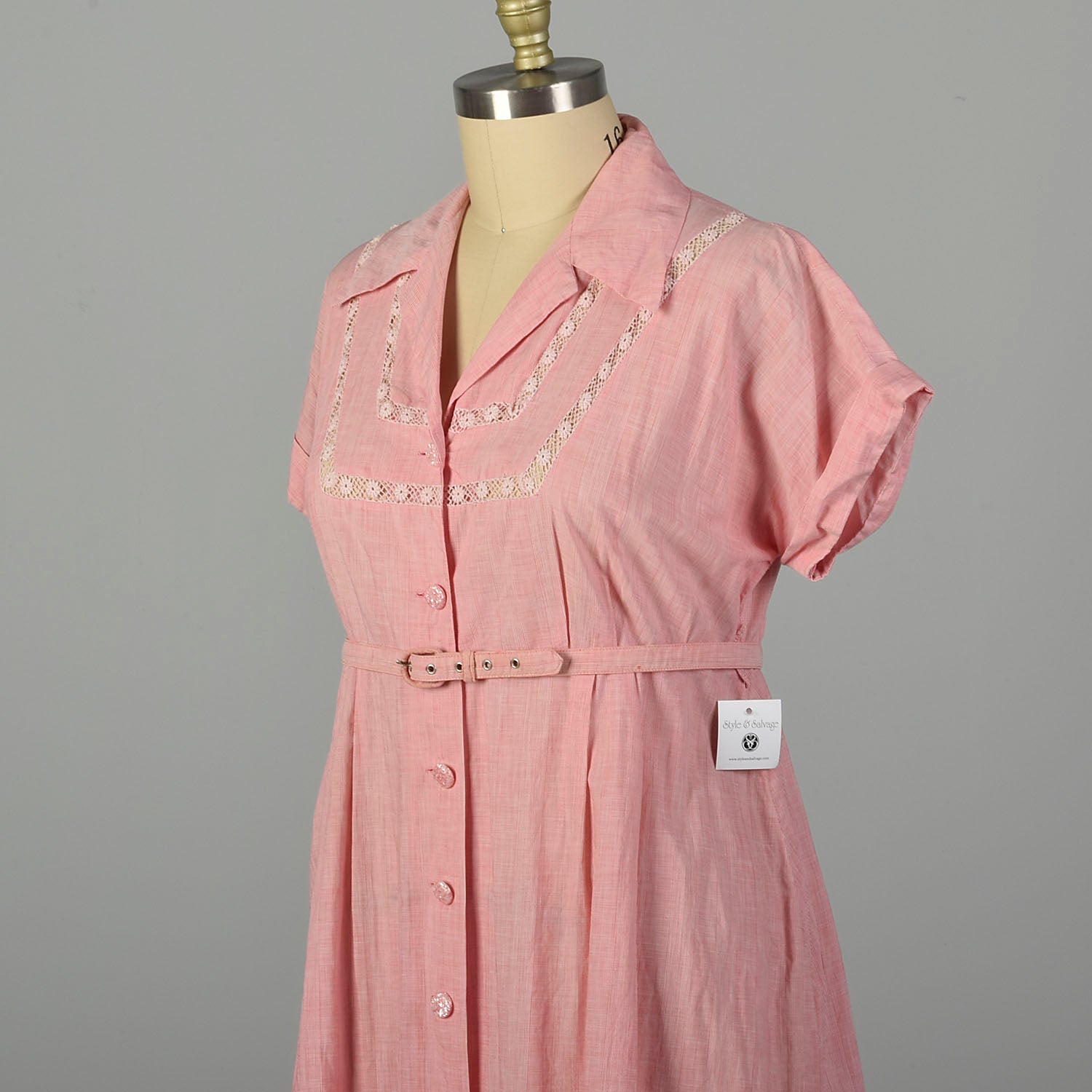 XXL 1950s Day Dress Pink Striped Lightweight Embroidered Belted Summer Short Sleeve