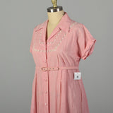 XXL 1950s Day Dress Pink Striped Lightweight Embroidered Belted Summer Short Sleeve