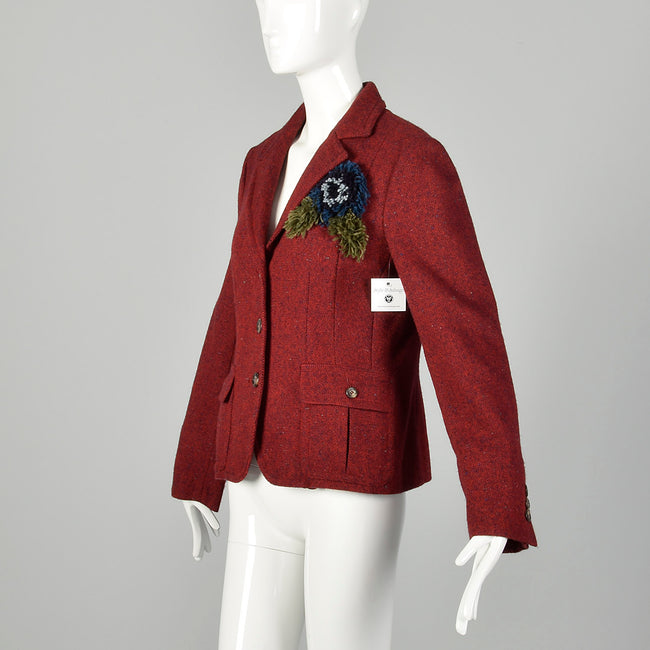Medium 2010s Red Blazer Moschino Cheap & Chic Wool Tweed Yarn Flower Corsage Applique Jacket