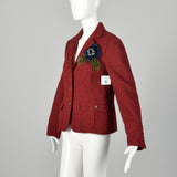 Medium 2010s Red Blazer Moschino Cheap & Chic Wool Tweed Yarn Flower Corsage Applique Jacket