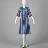 Large 1950s Blue Striped Cotton Day Dress