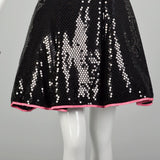 XS 1980s Black Sequin Dress Hot Pink Strapless Cocktail Mini