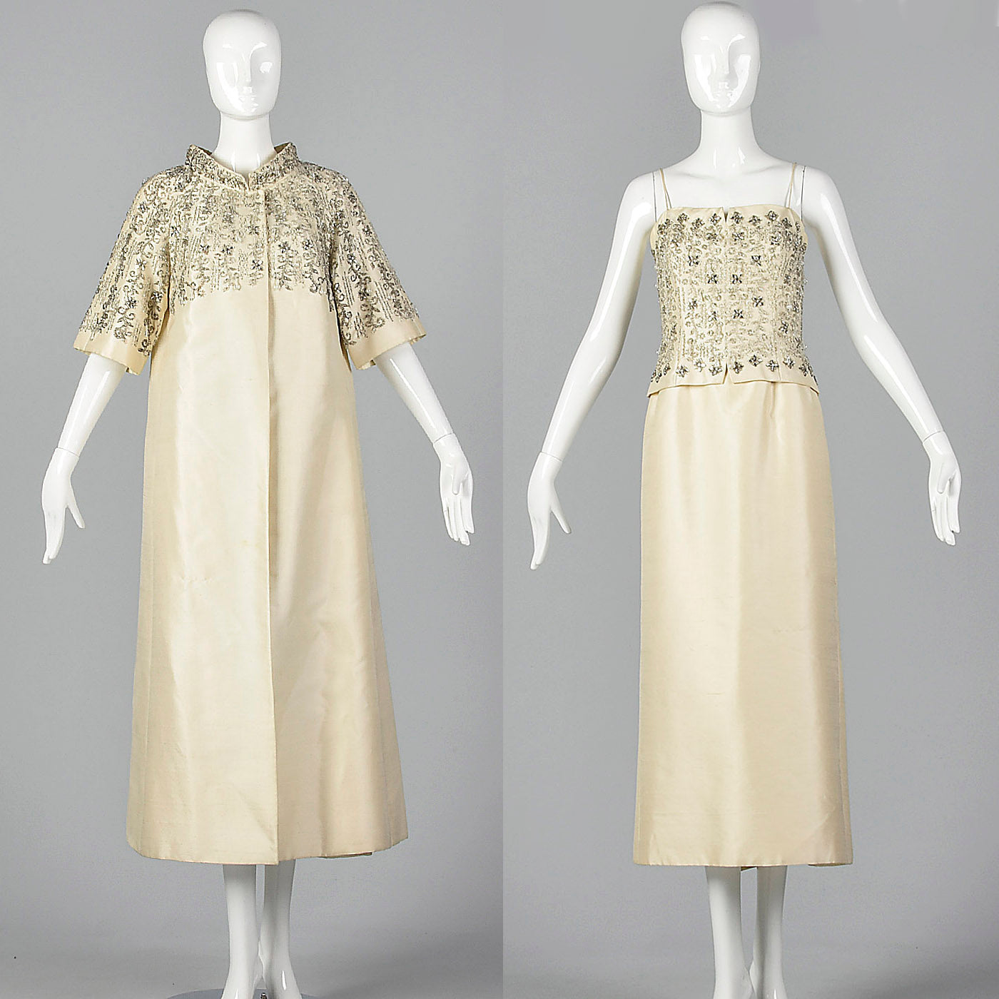 1960s  Beaded Wedding Ensemble with a  Sleeveless Dress and Formal Opera Coat