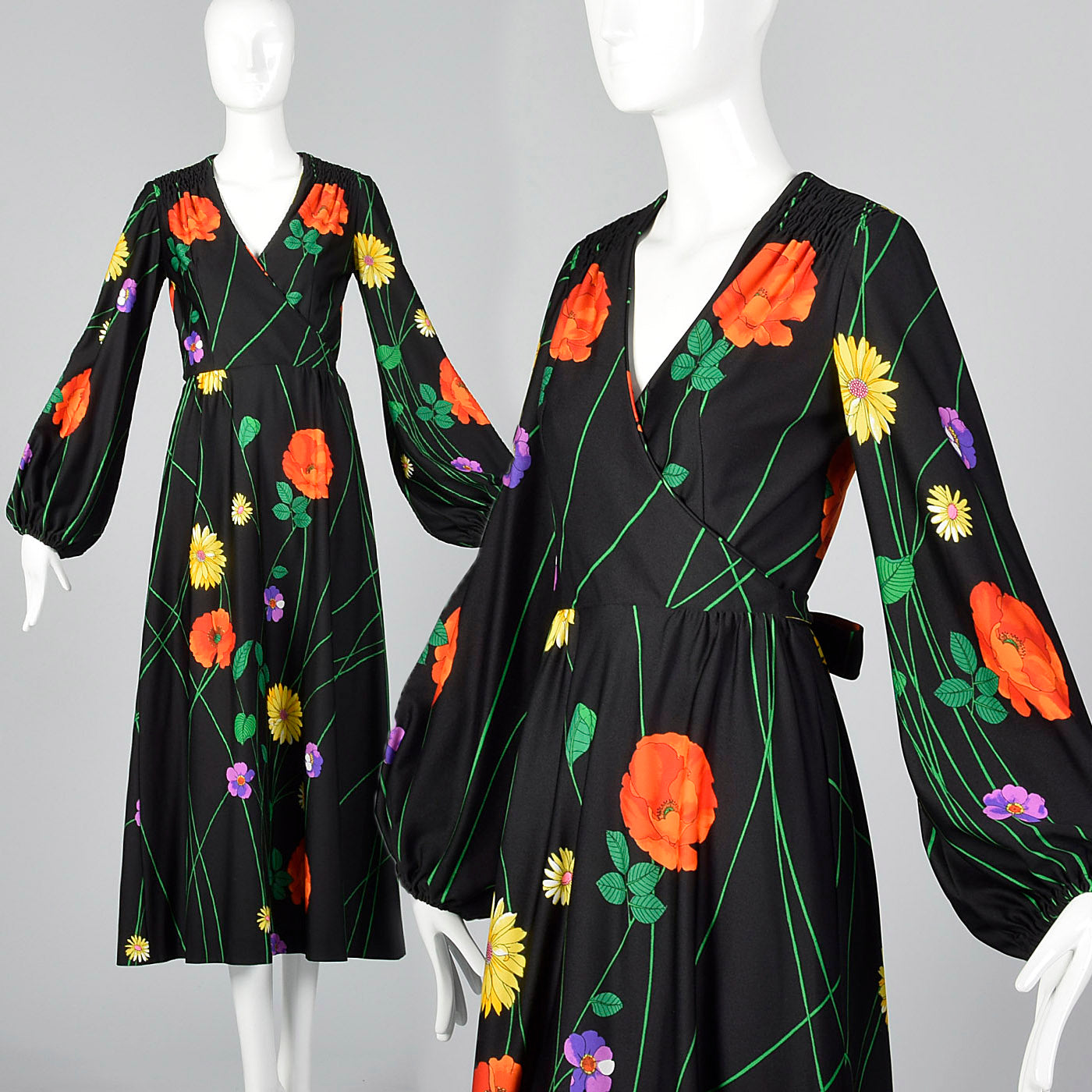 1970s Black Floral Midi Dress with Bishop Sleeves