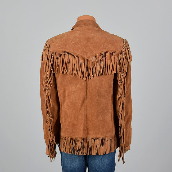 1970s Mens Brown Leather Bohemian Jacket with Fringe Trim