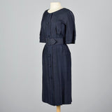 1950s Navy Silk Dress with Wide Belt and Decorative Buttons