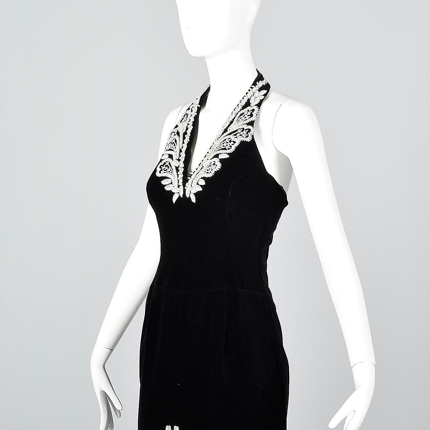 1980s Escada Black Velvet Dress with Faux Pearl Trim