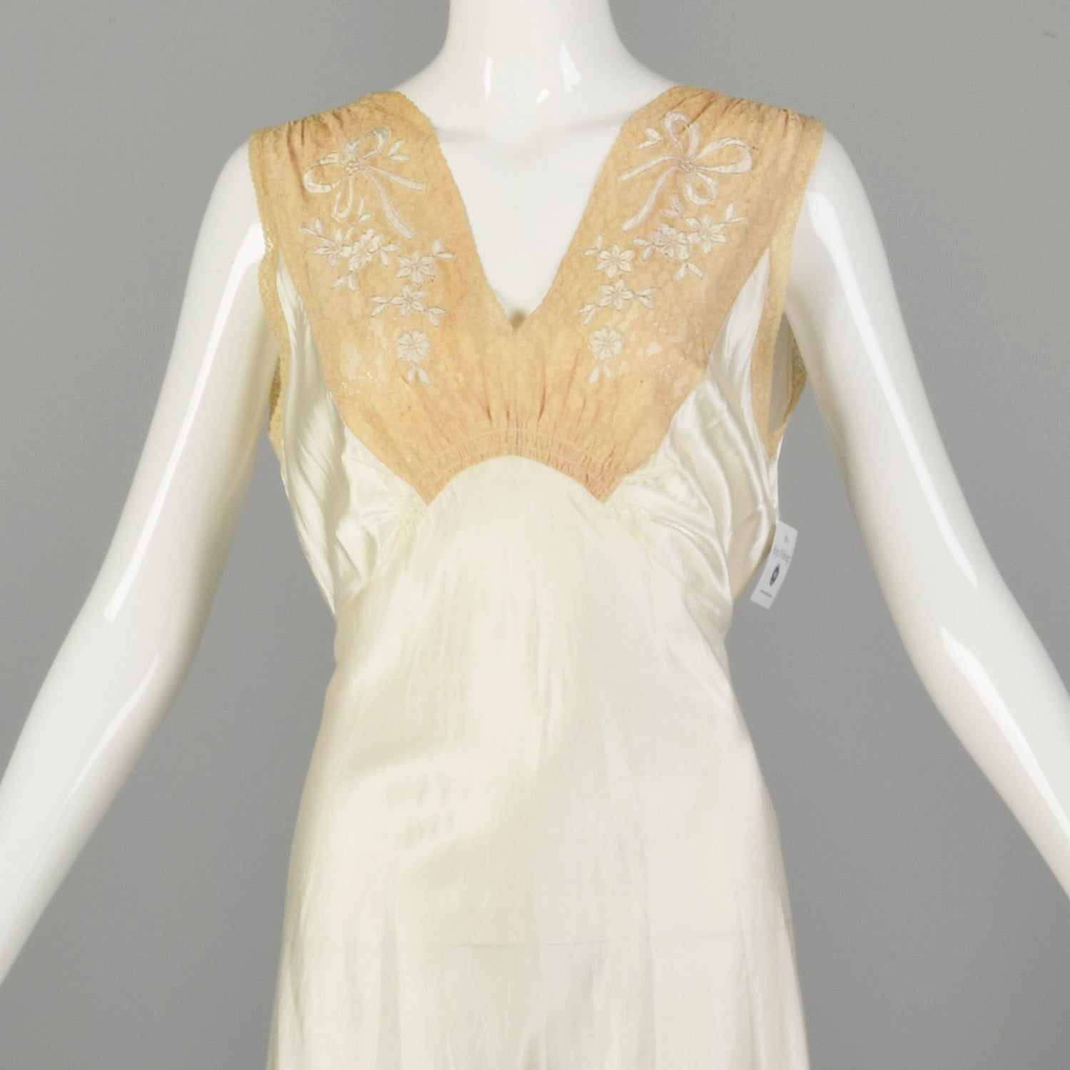 Small 1930s Bridal Nightgown Satin Lingerie Lace Tie Back Waist