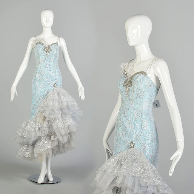 Small 1980s Blue Silver Sleeveless Layered Lace Asymmetric Calypso Mermaid Prom Dress
