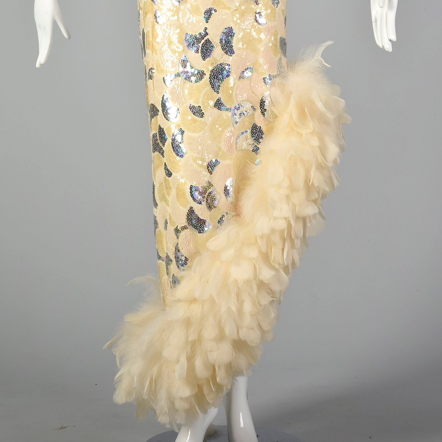 XS 1980s Sequin Formal Gown with Feather Trim