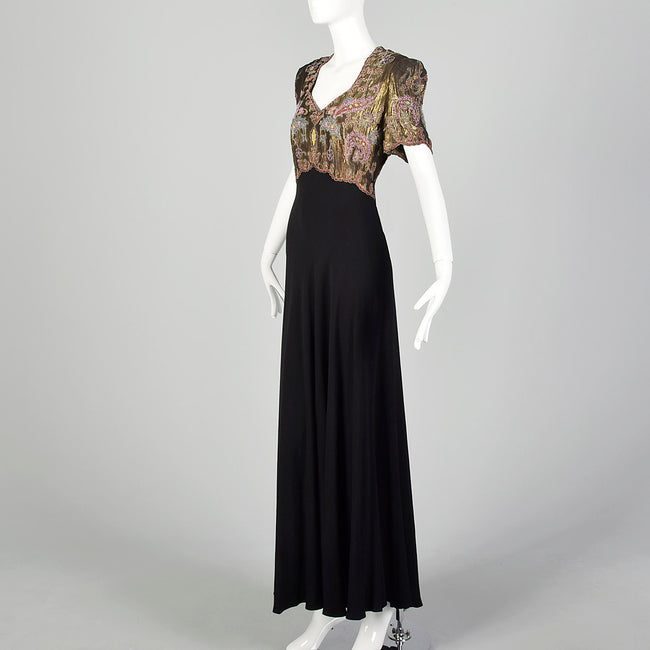 1940s Gold Lamé Beaded Black Evening Gown